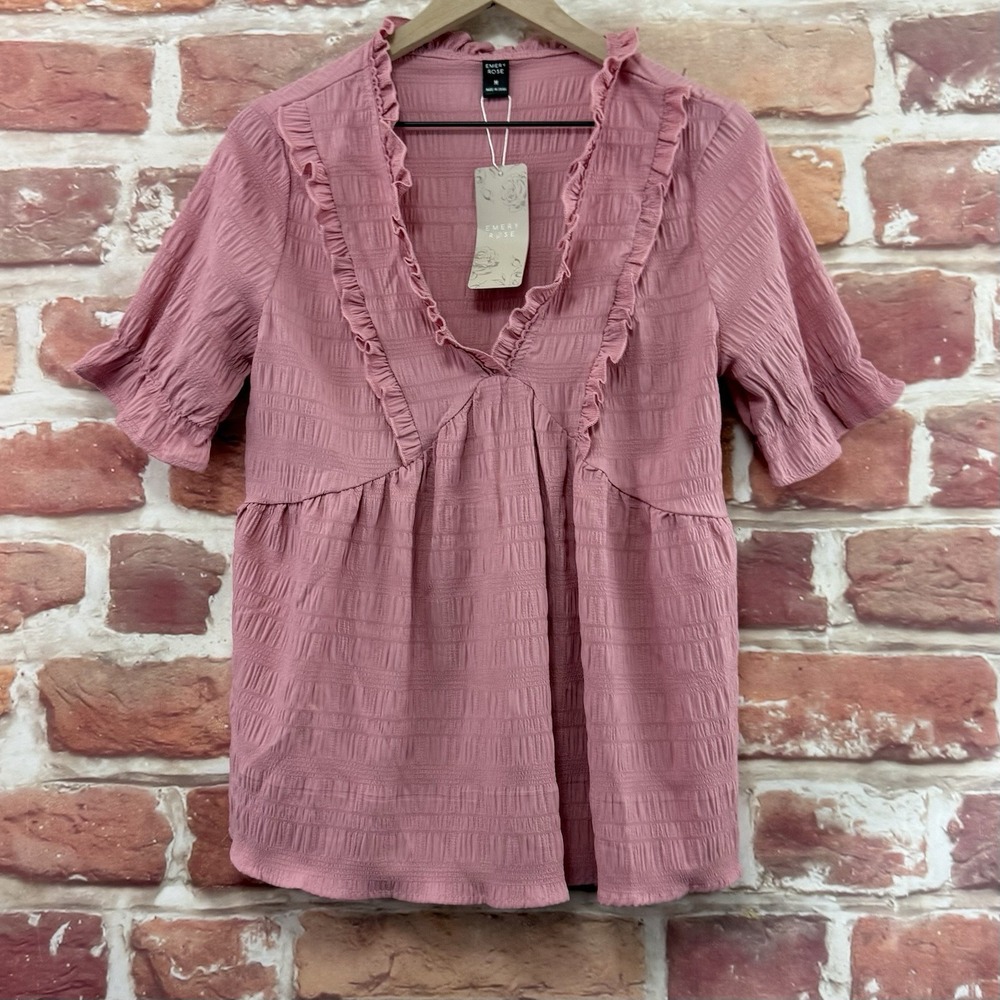 Emery Rose Top Women's Medium Pink Chic Ruffle Crinkle Striped Casual Shirt